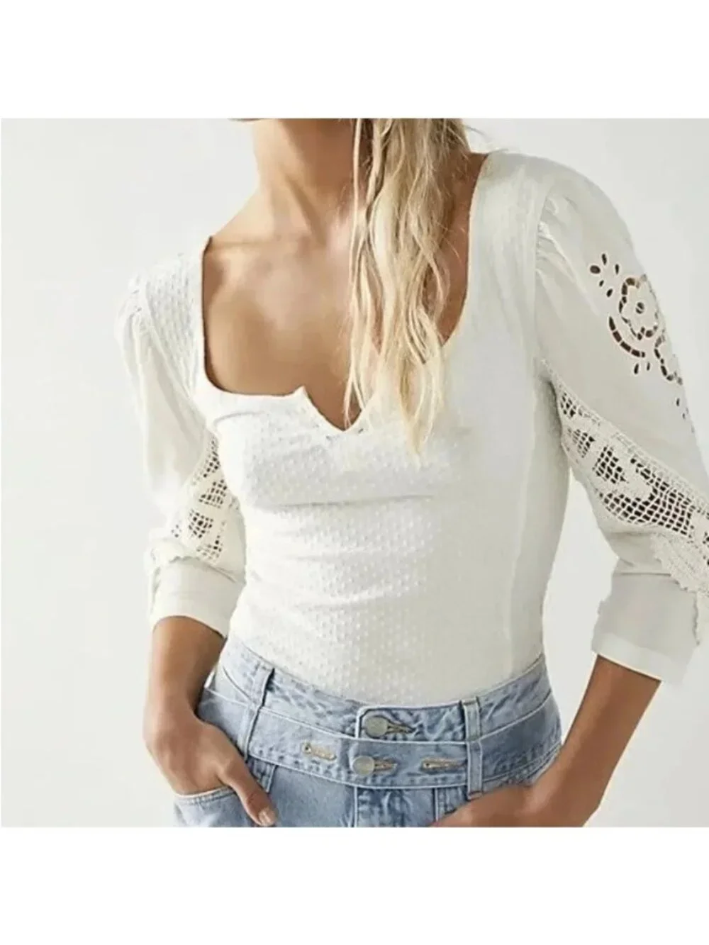 FREE PEOPLE shirt top brunch date ivory MEDIUM puff sleeve crochet boho cropped